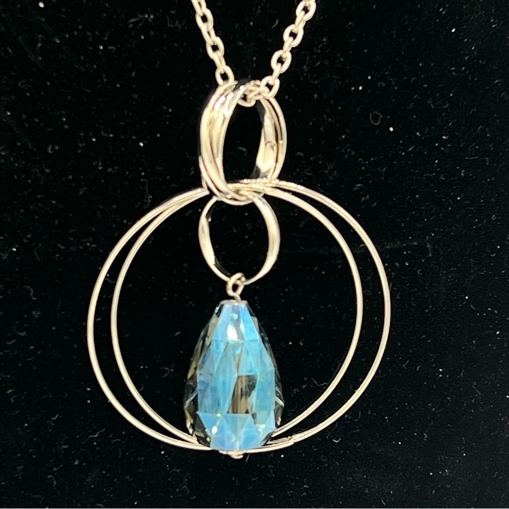 Statement necklace, blue AB teardrop fashion jewelry, silver tone